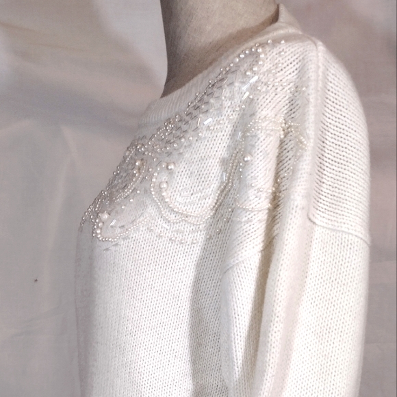 Vintage beaded sweater, Vintage, Crew Neck White,  Knit, Women, Pearls, XL - Picture 13 of 16